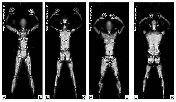 An image with four panels which replicate a security agent’s view while someone is being scanned. There are two images, front and back, for women and men, respectively.